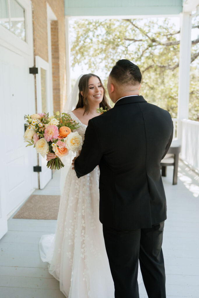 Emotional first look between Samantha and Jake in their San Antonio hotel suite