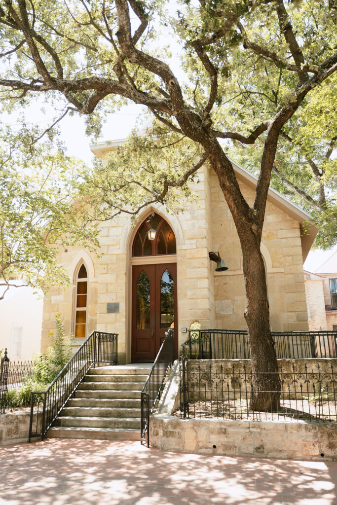 Historic exterior of The Little Church of La Villita wedding venue in San Antonio