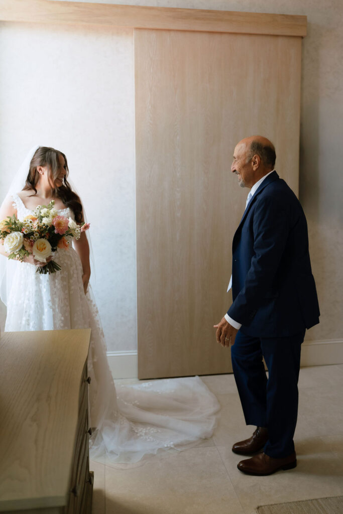 Emotional first look between Samantha and Jake in their San Antonio hotel suite