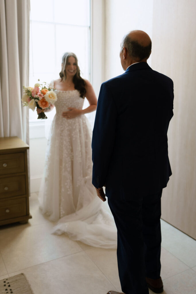 Emotional first look between Samantha and Jake in their San Antonio hotel suite