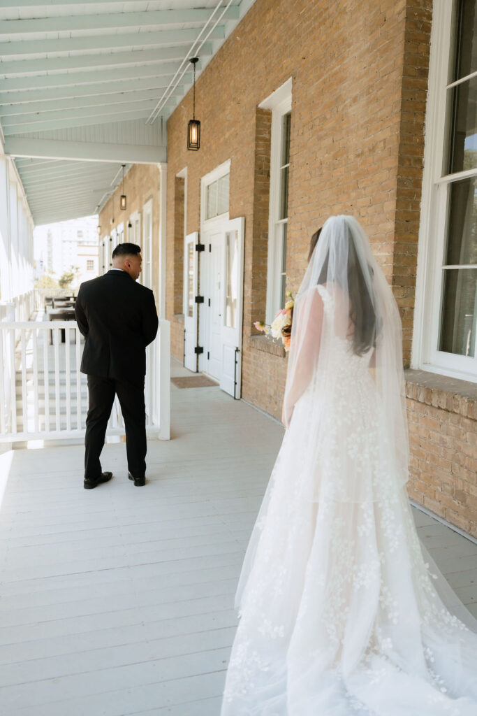 Emotional first look between Samantha and Jake in their San Antonio hotel suite