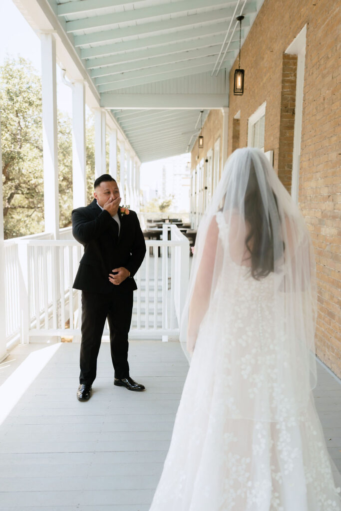 Emotional first look between Samantha and Jake in their San Antonio hotel suite