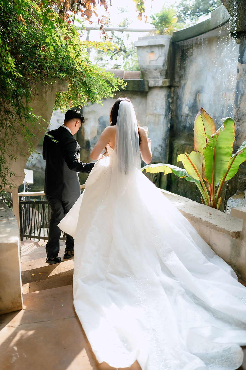 Bride and groom ceremony portrait in golden afternoon light at Villa Antonia Jonestown Texas