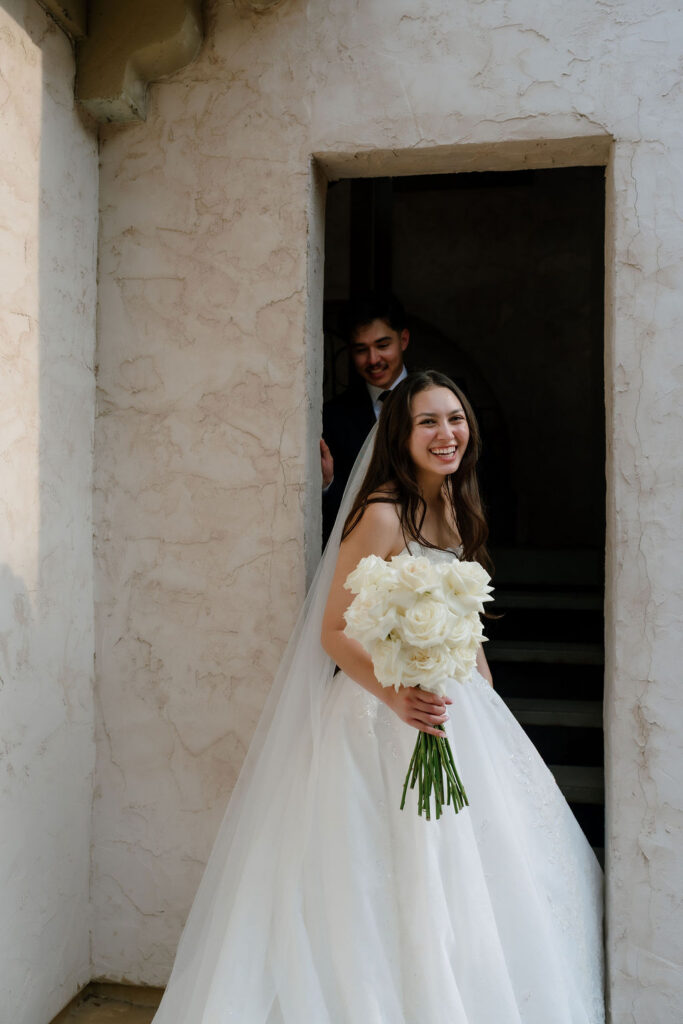 Bride and groom ceremony portrait in golden afternoon light at Villa Antonia Jonestown Texas