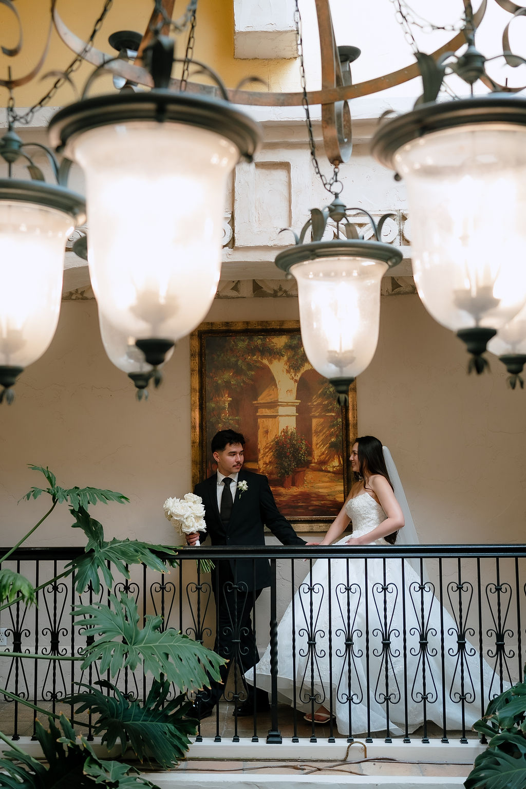 Intimate couple portrait at Villa Antonia wedding venue showcasing timeless black and white wedding theme