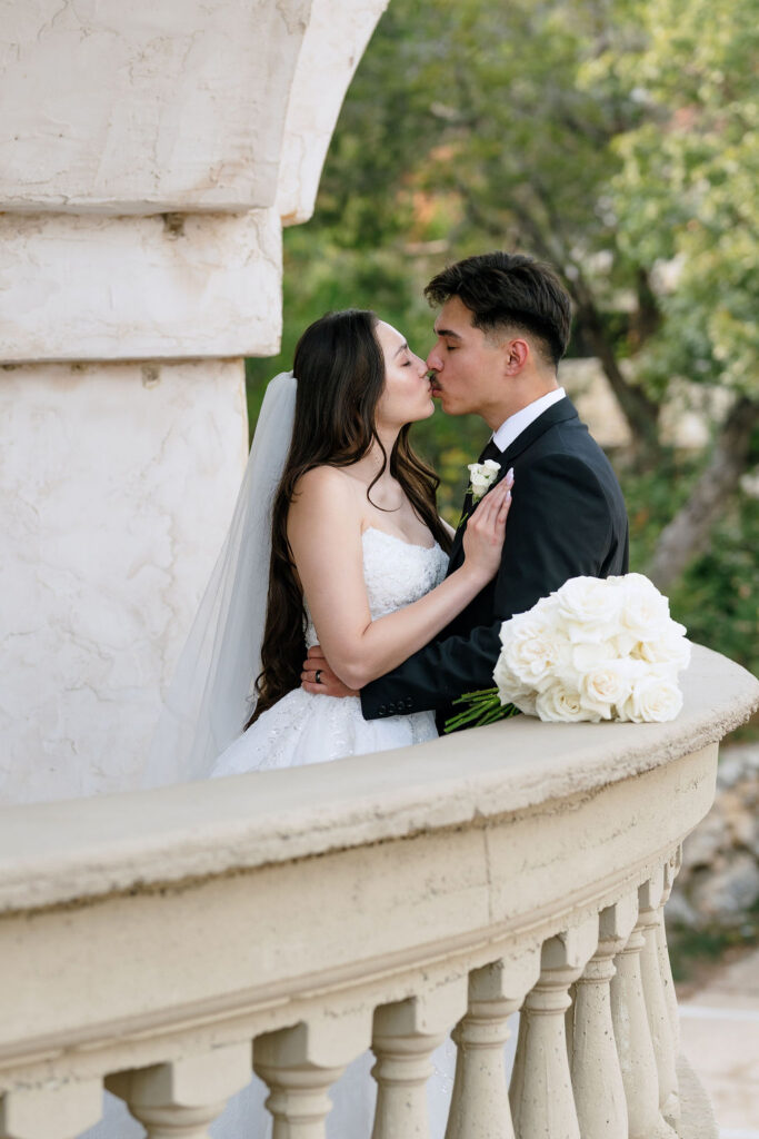 Intimate couple portrait at Villa Antonia wedding venue showcasing timeless black and white wedding theme