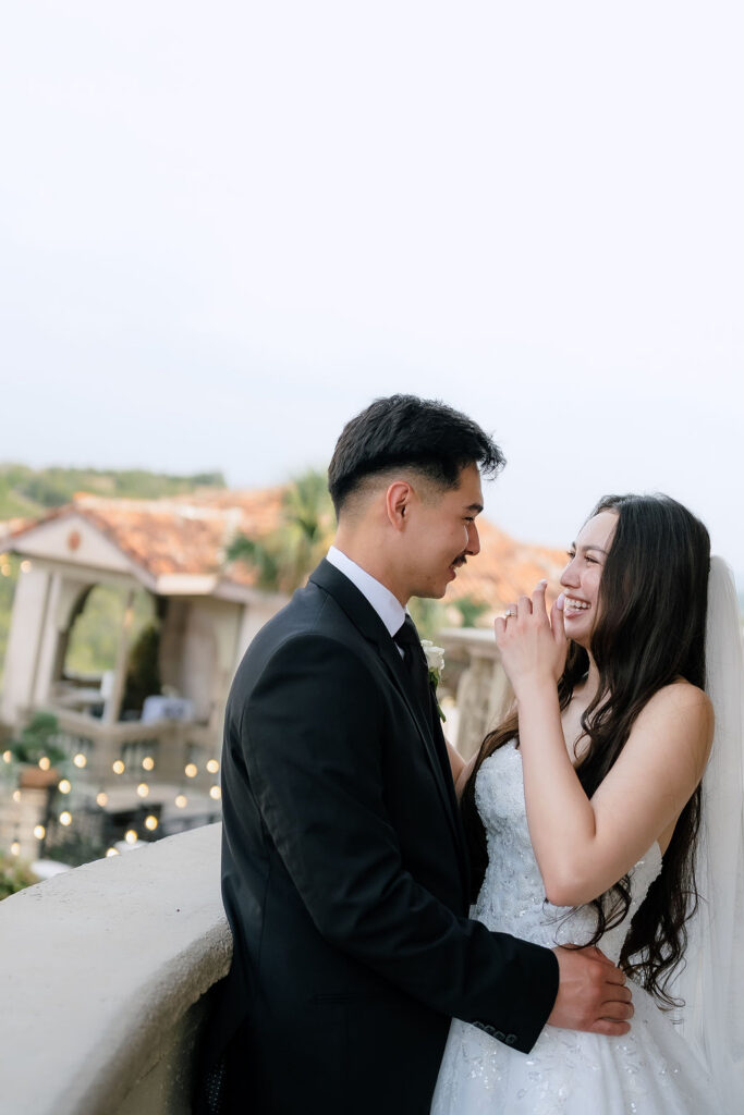 Bride and groom ceremony portrait in golden afternoon light at Villa Antonia Jonestown Texas