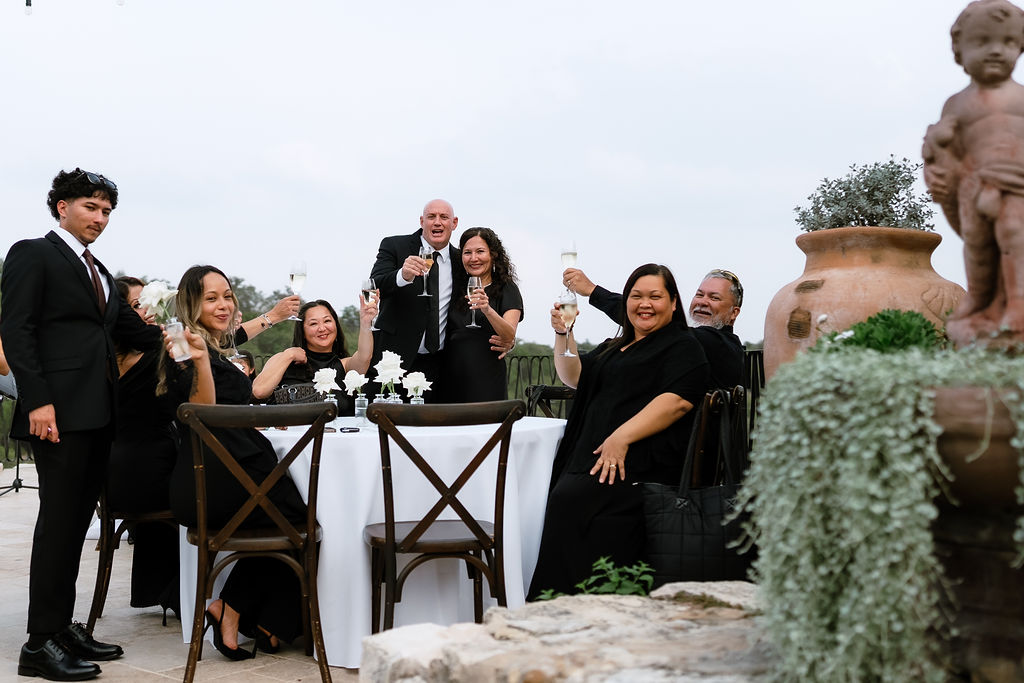 Wedding guests celebrating at Villa Antonia Austin Hill Country wedding venue