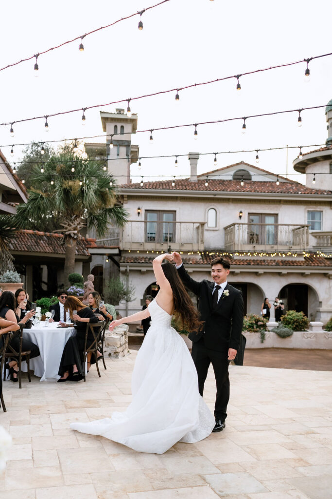 Wedding ceremony at Villa Antonia sun-drenched stone chapel near Austin Texas