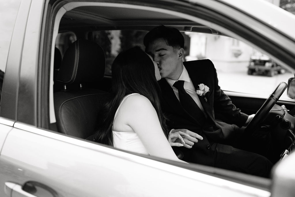 Intimate couple portrait at Villa Antonia wedding venue showcasing timeless black and white wedding theme