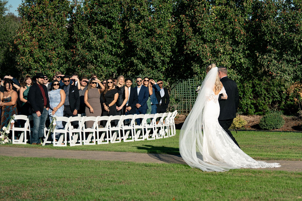 Cinematic backlit wedding veil in a European style garden