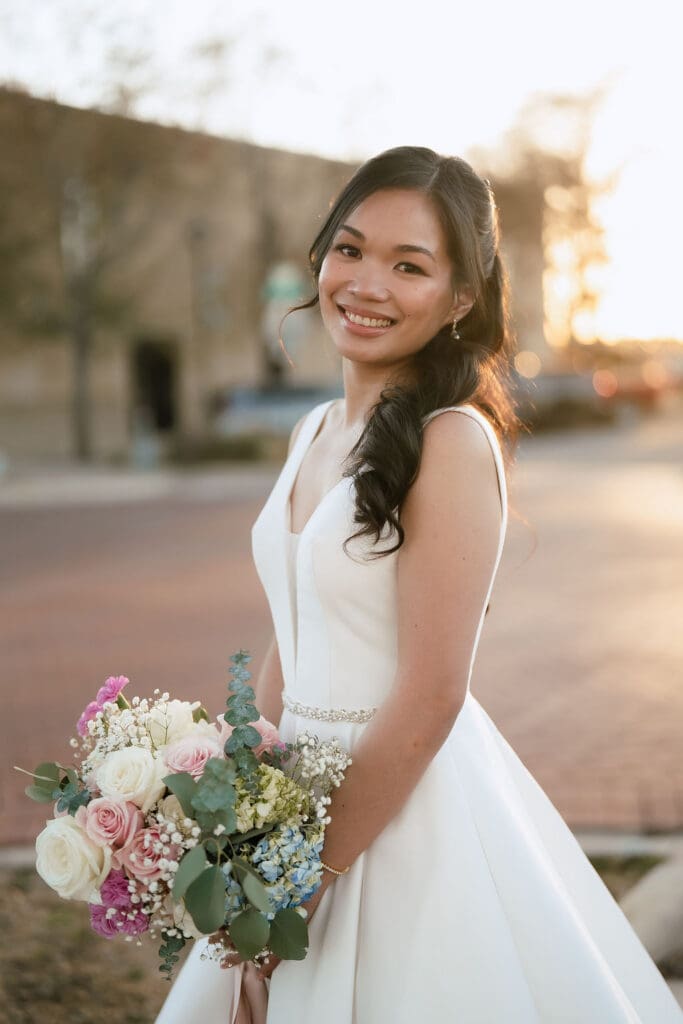 Glowing bridal portrait at One Eleven East wedding venue in Hutto Texas, winter wedding photography by Andrea Jang Photography