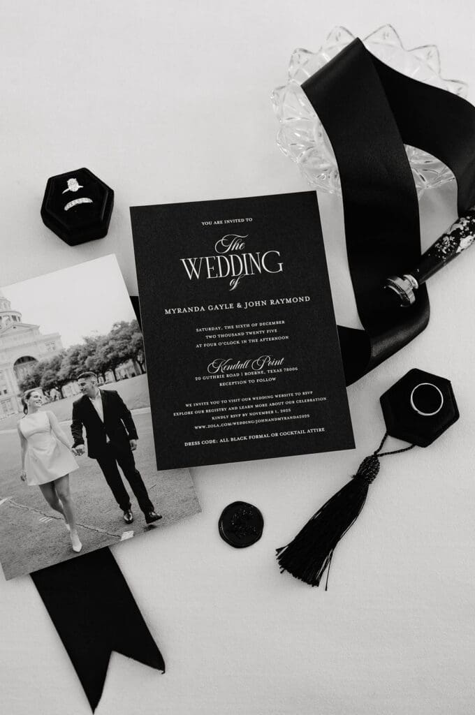 Wedding invitation and ring at Boerne Texas wedding