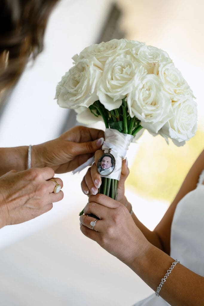 Bridal bouquet with white roses at Boerne Texas wedding