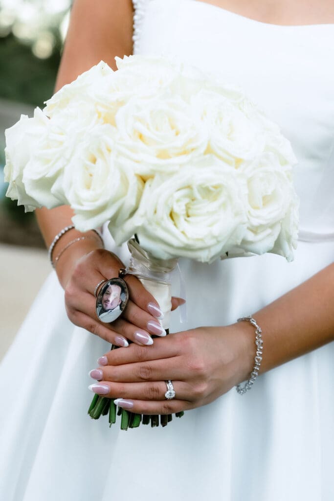 Bridal bouquet with white roses at Boerne Texas wedding