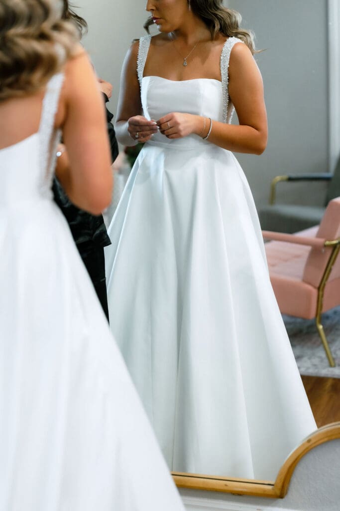 Bride in wedding gown at Kendall Point Boerne TX