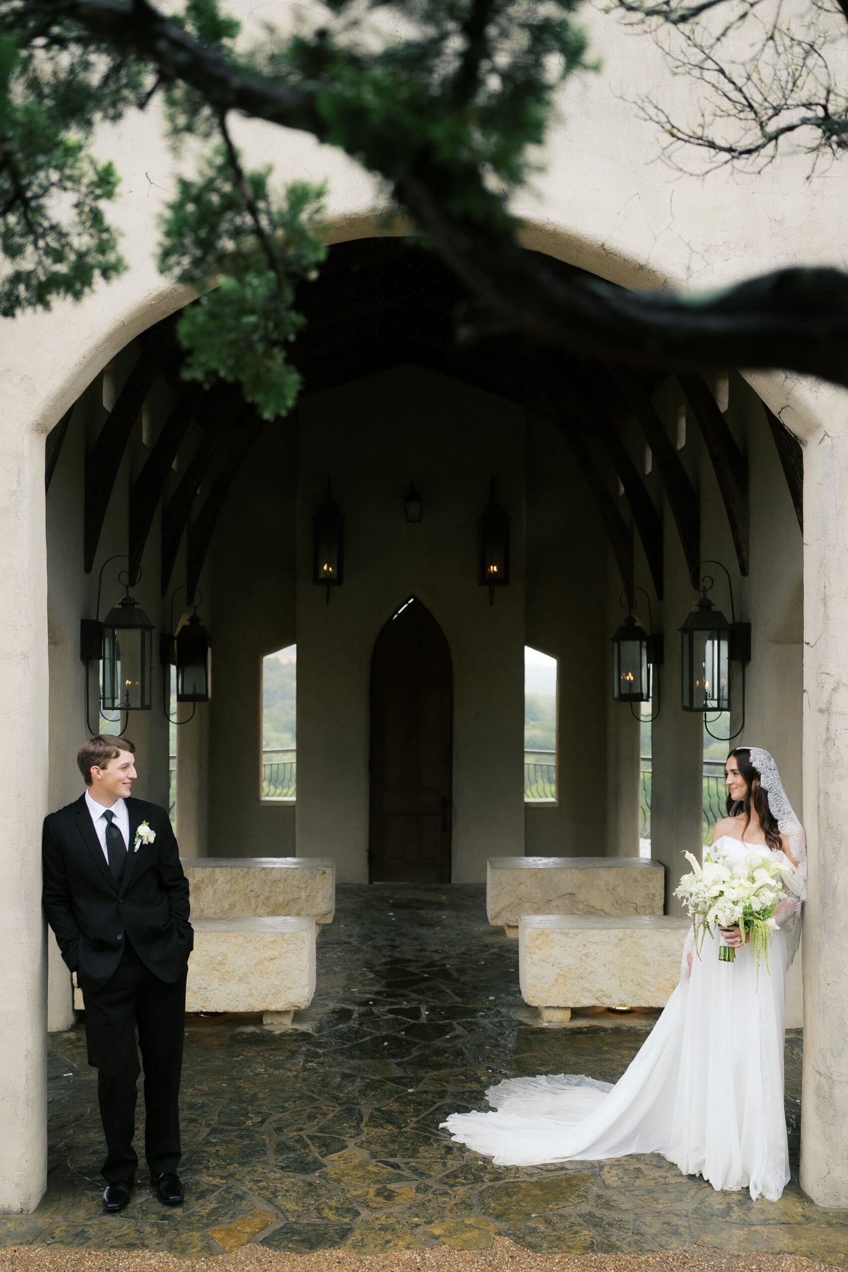 Bride and groom sharing an intimate moment at Chapel Dulcinea wedding in Austin Texas
