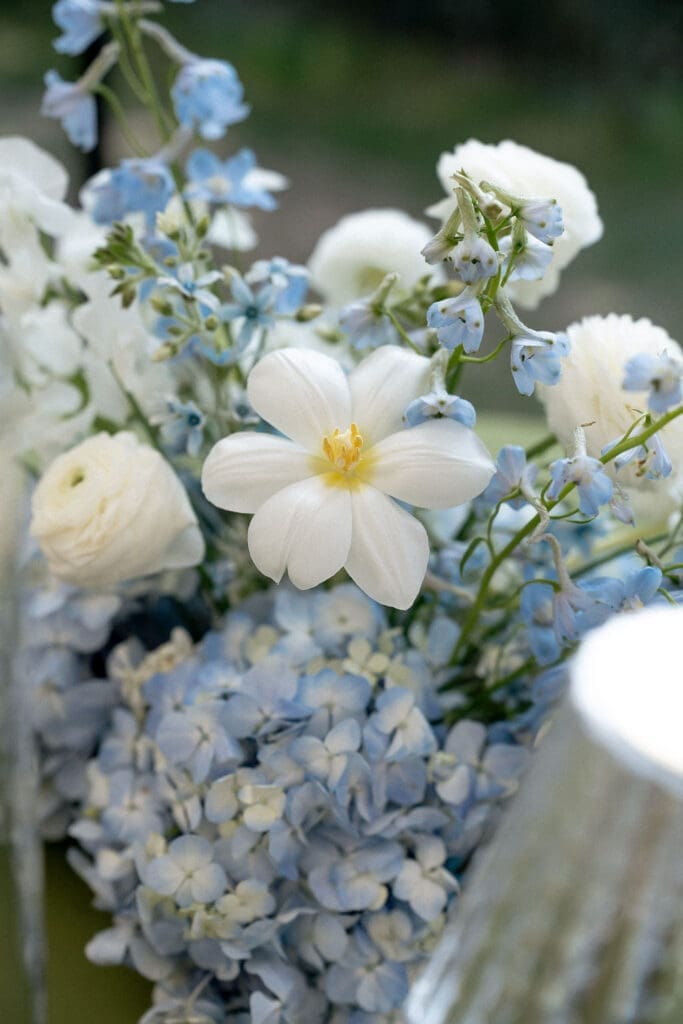 Close up of Monet inspired wedding floral arrangement with allium, lilac, blue hydrangea, blush lisianthus, and ranunculus at Wild Roots Texas Hill Country wedding venue
