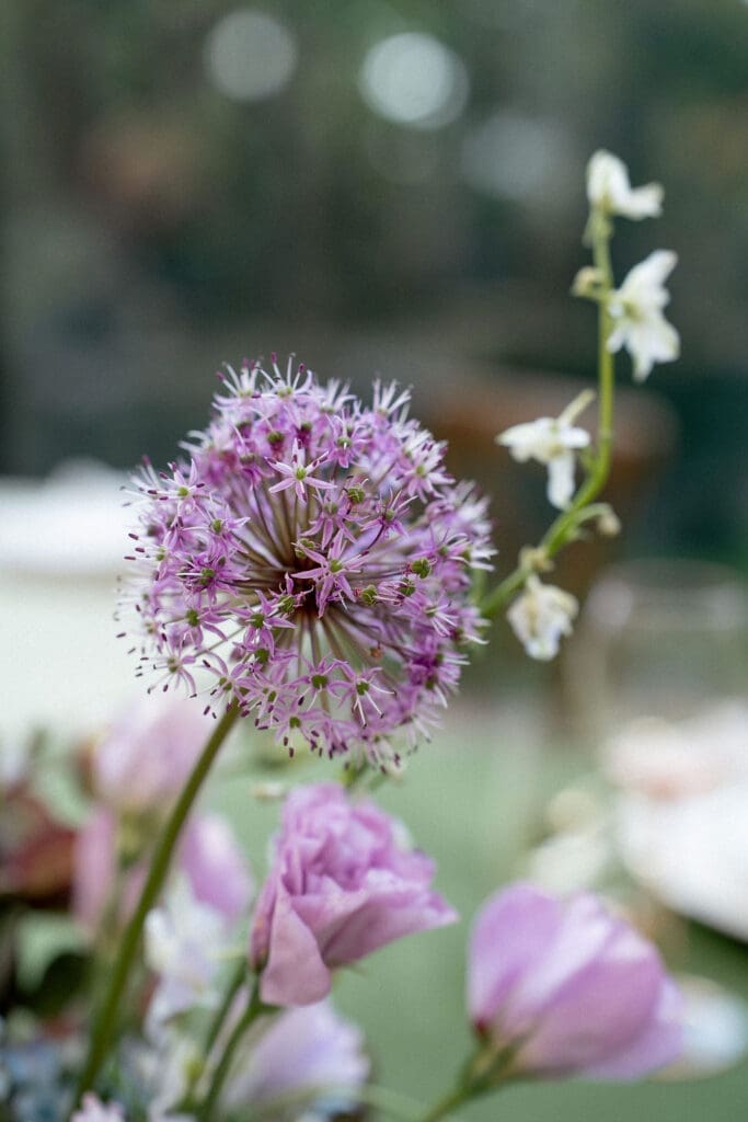 Close up of Monet inspired wedding floral arrangement with allium, lilac, blue hydrangea, blush lisianthus, and ranunculus at Wild Roots Texas Hill Country wedding venue