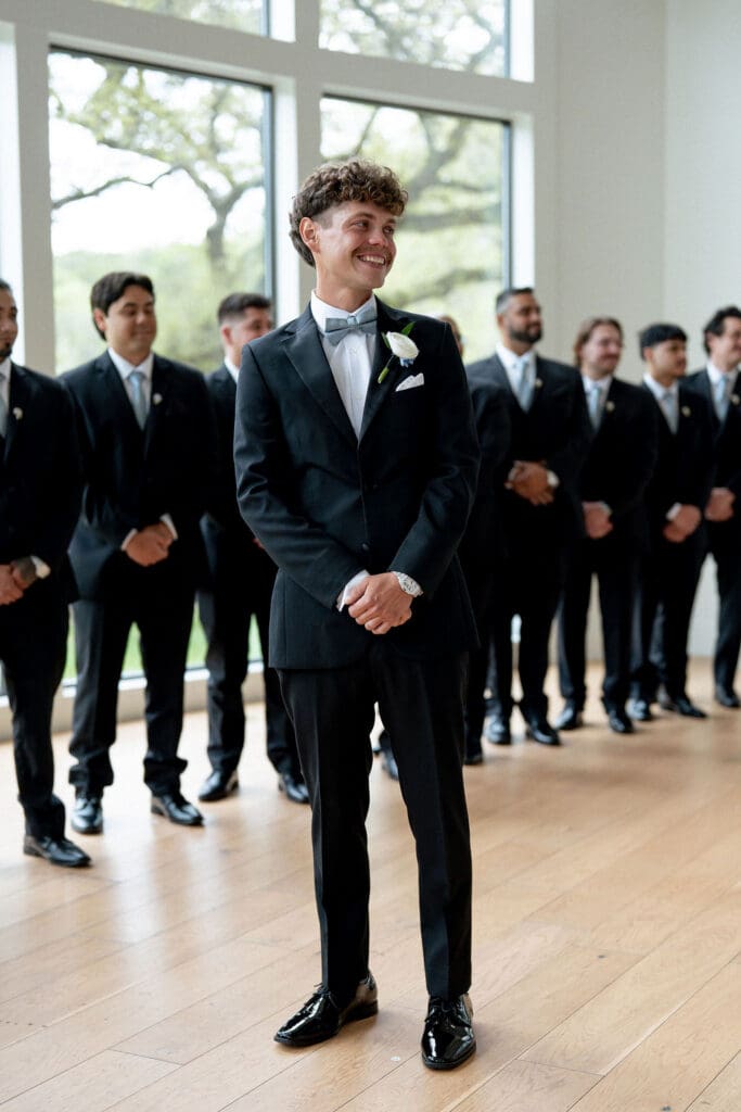 Groom seeing bride for first time at The Preserve at Canyon Lake chapel wedding