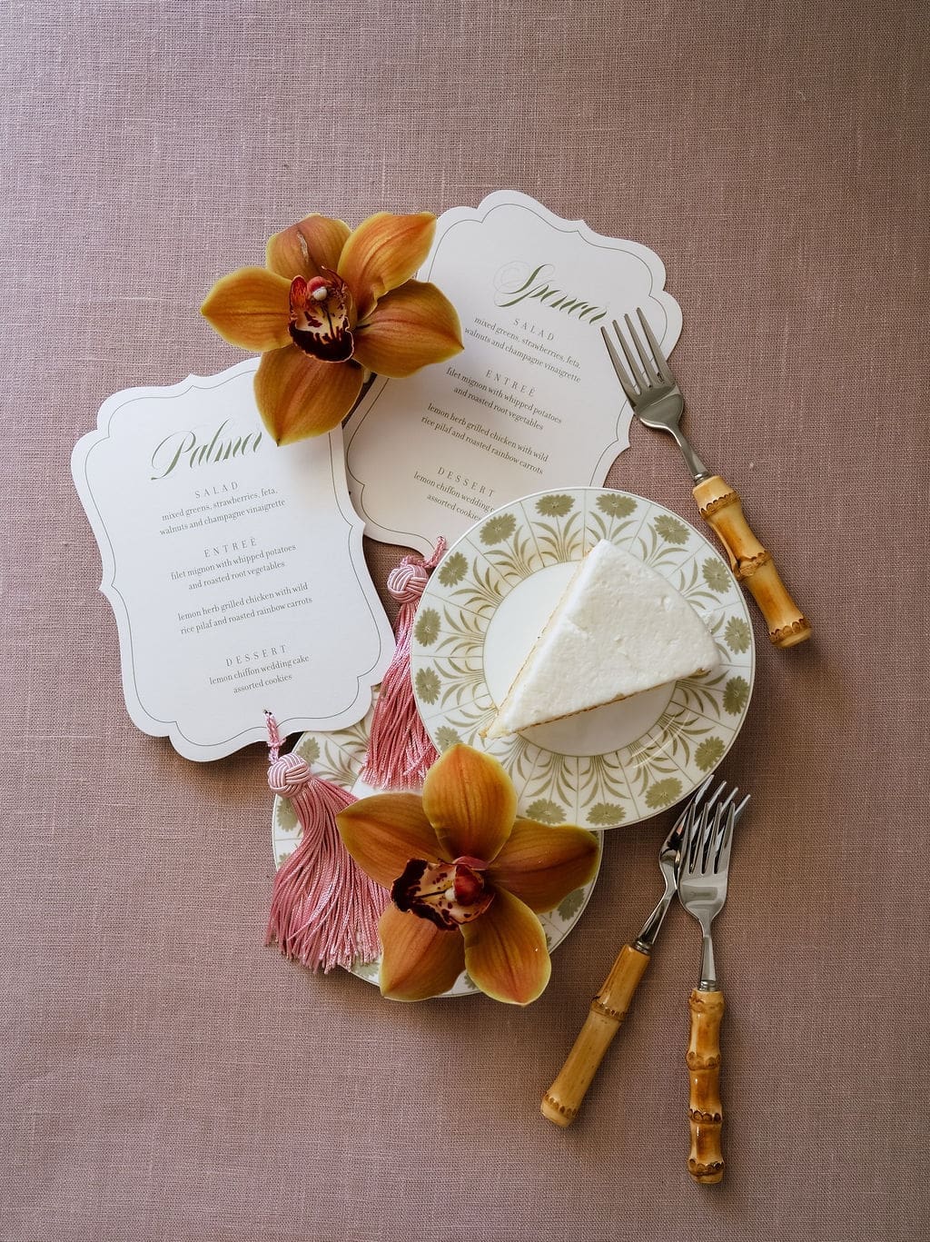 Wedding detail flatlay with stationery and florals at The Gadsden House Charleston romance editorial