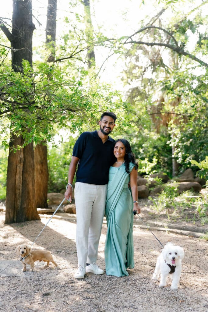 McNay Art Museum engagement session couple under oak trees dappled light San Antonio