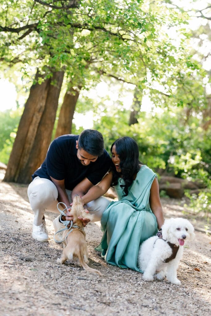 McNay Art Museum engagement session couple under oak trees dappled light San Antonio