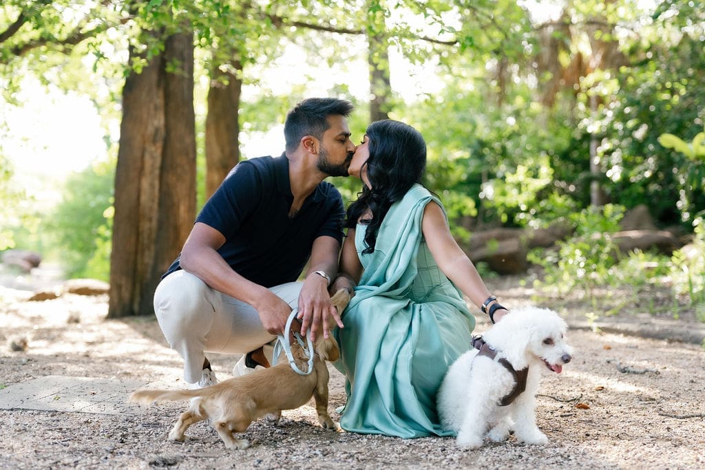 McNay Art Museum engagement session couple under oak trees dappled light San Antonio