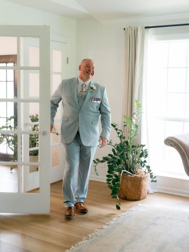 Dana's father seeing her in her gown before their Addison Grove wedding