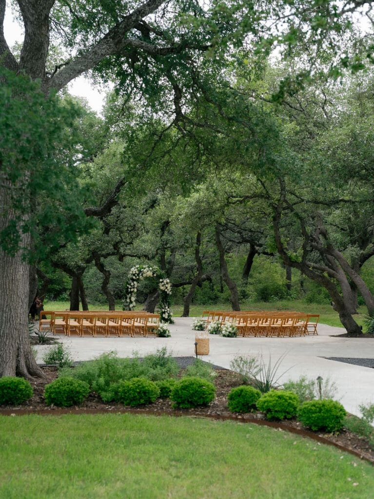 Wedding ceremony setup with natural florals at Addison Grove in Texas