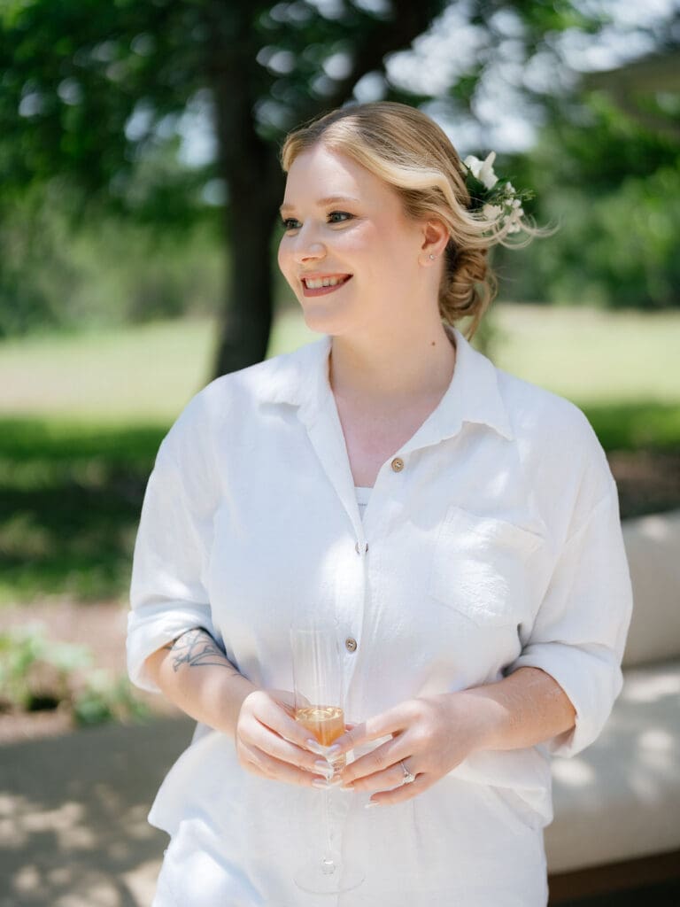Bride enjoying a relaxed, comfortable morning before her Texas wedding