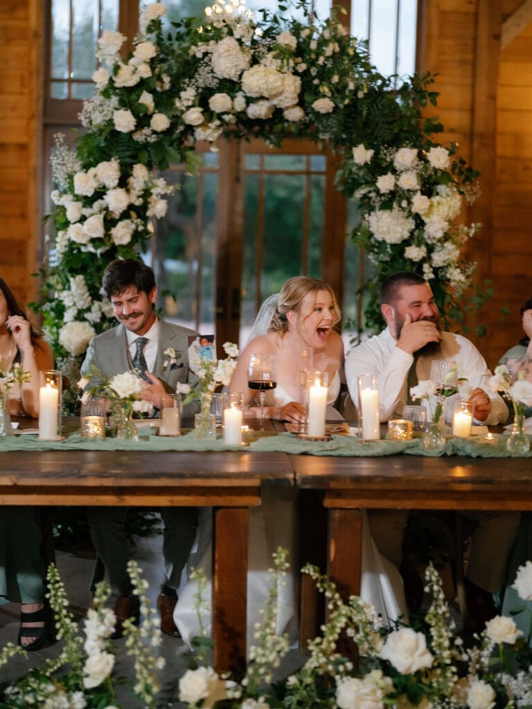 Candid moment of wedding guests laughing during reception